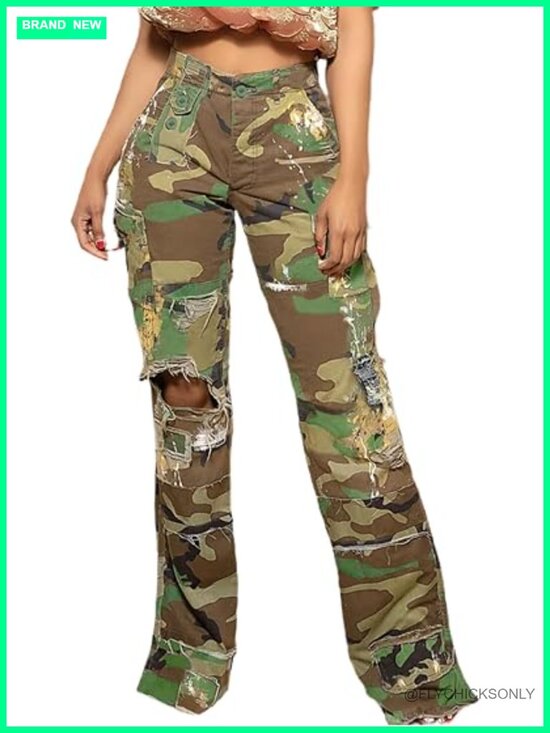 Pants - Distressed Camouflage Cargo Pants with Pockets High Rise Straight Leg